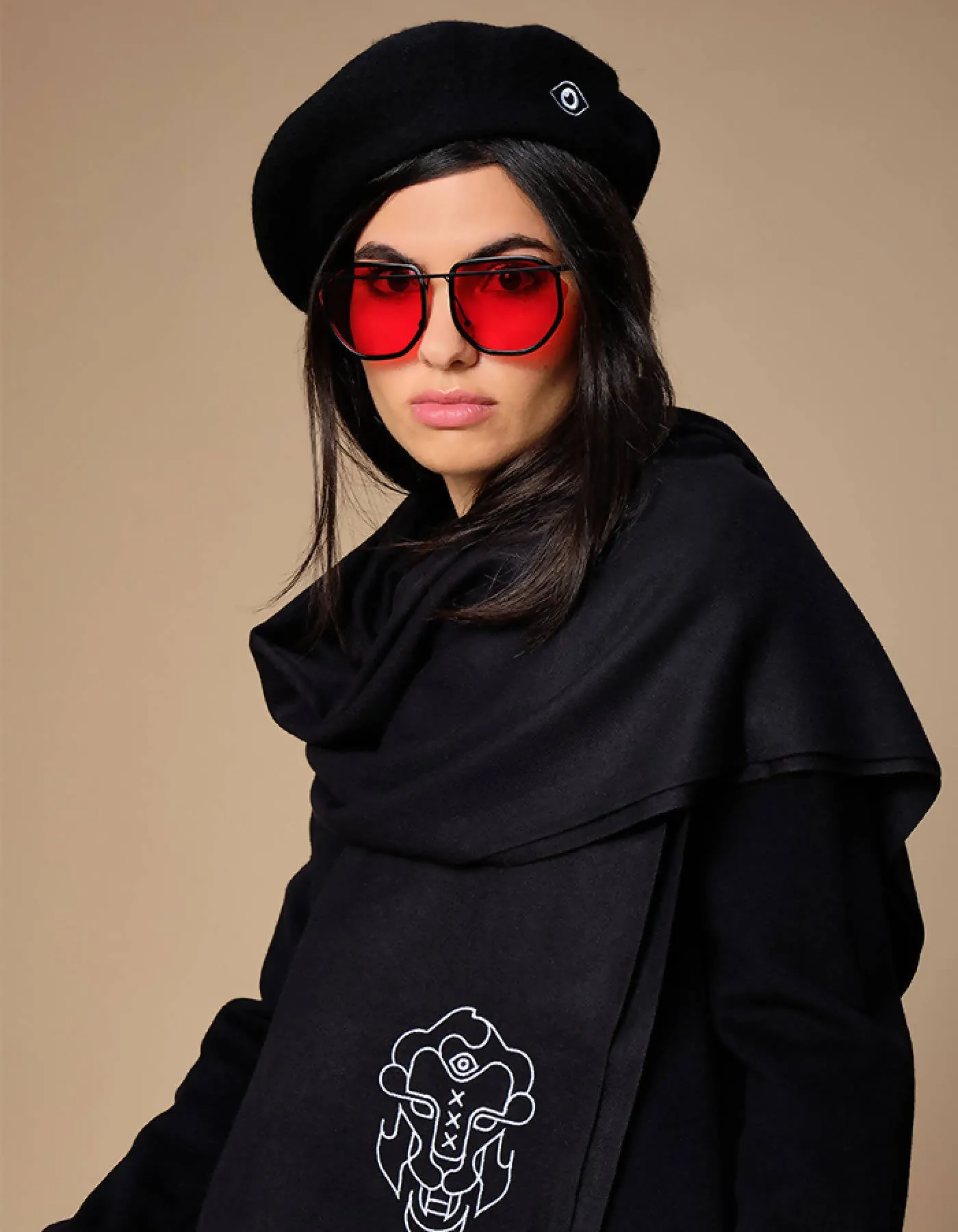 Black Beret With Eye Embroidery