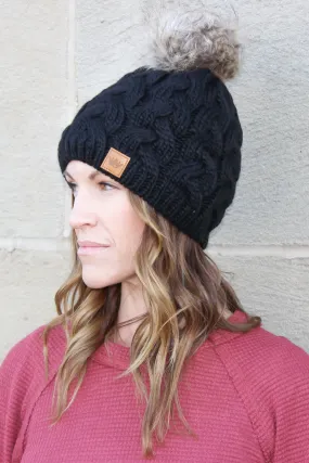 Black Cable Knit Pom Pom Beanie