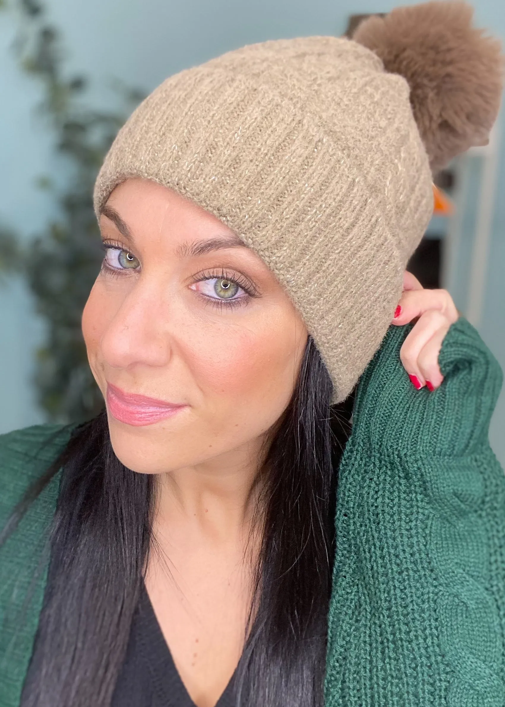 Cable Knit Lurex Pom Pom Beanie-2 COLORS