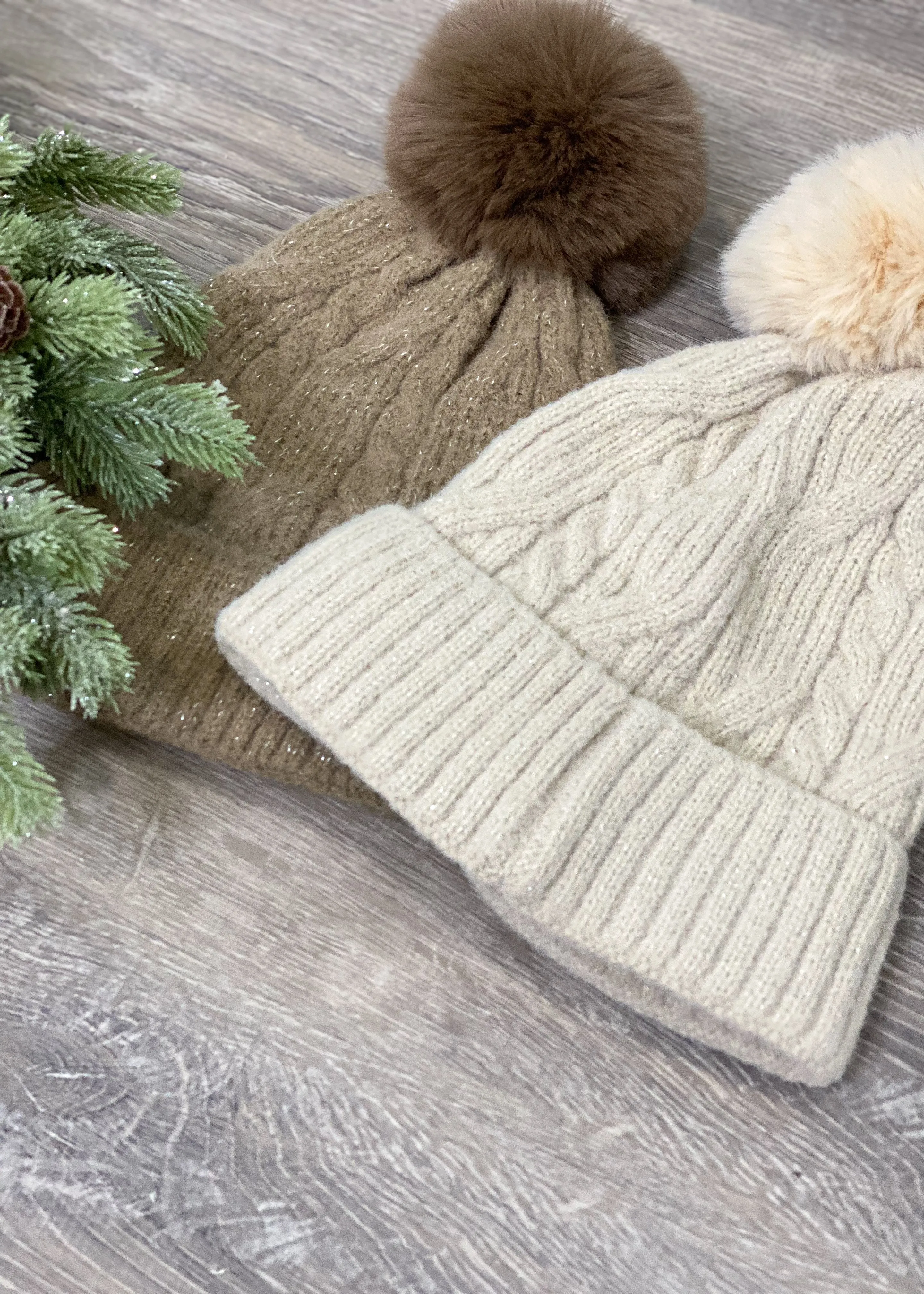 Cable Knit Lurex Pom Pom Beanie-2 COLORS