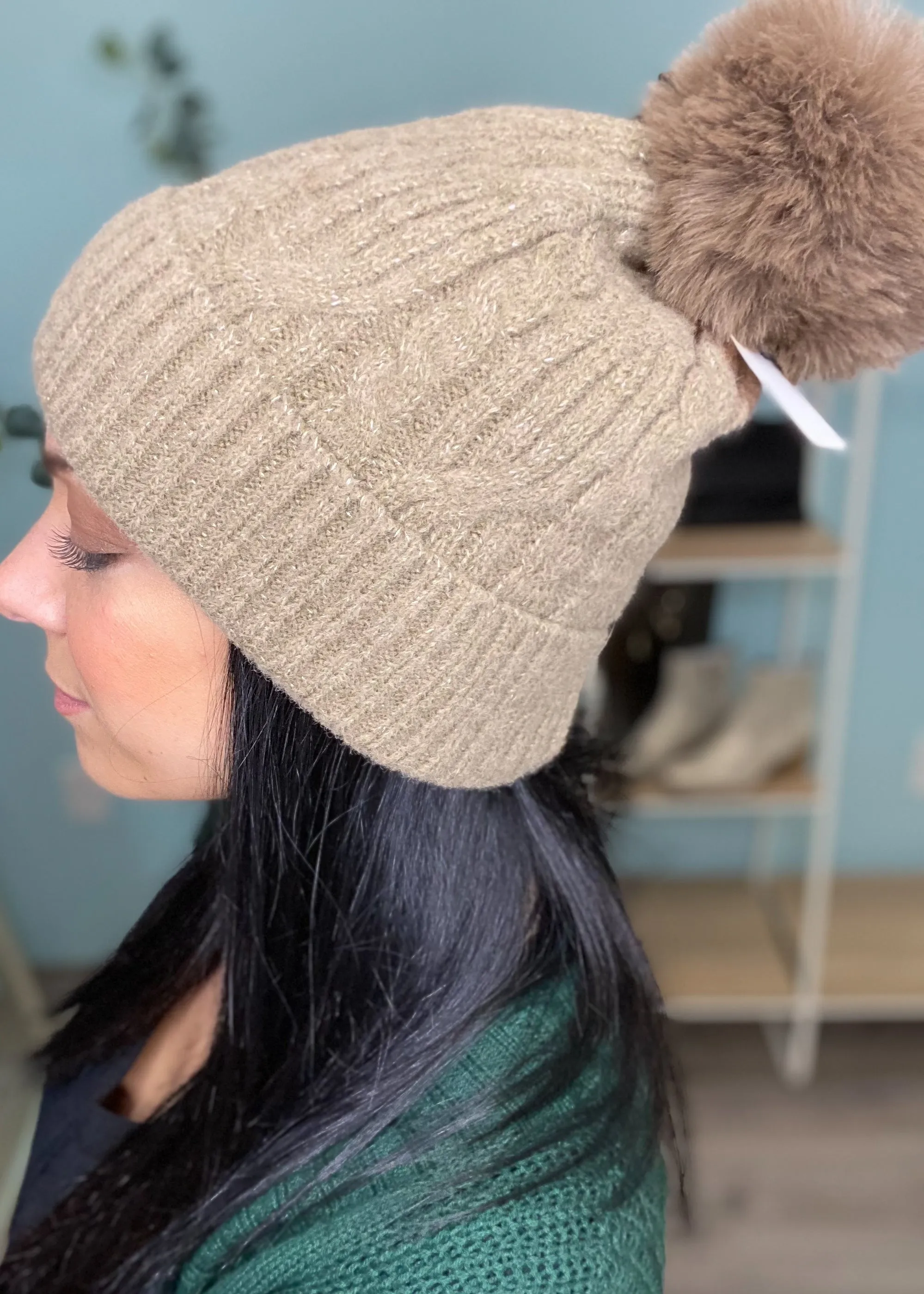 Cable Knit Lurex Pom Pom Beanie-2 COLORS