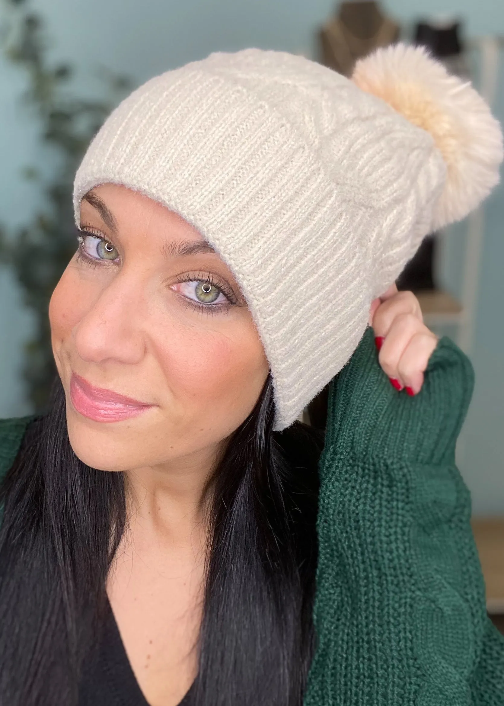 Cable Knit Lurex Pom Pom Beanie-2 COLORS