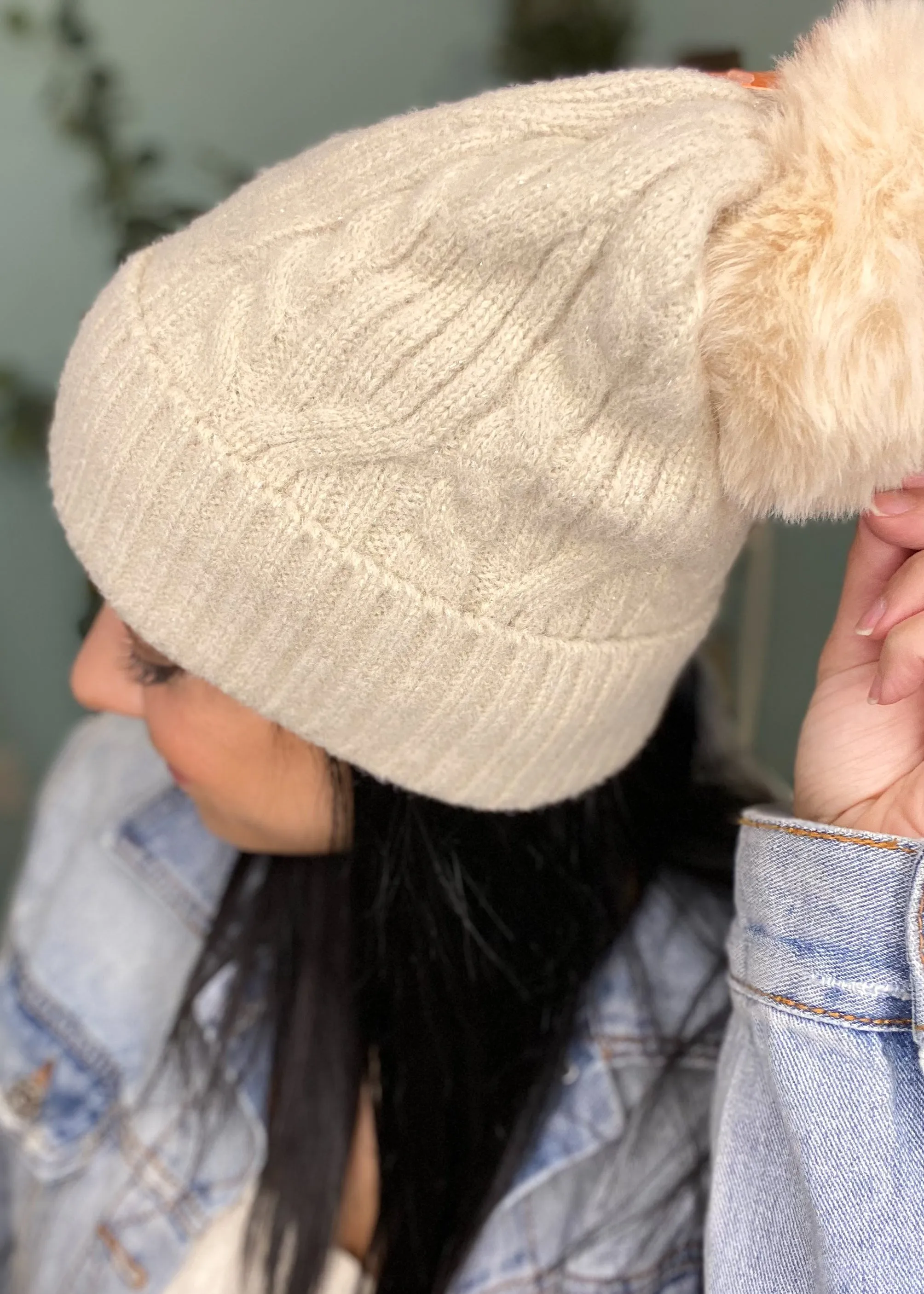 Cable Knit Lurex Pom Pom Beanie-2 COLORS