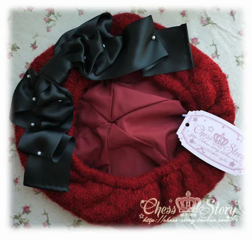 Chess Story~Cutie Ribbon~Sweet Lolita Woolen Twisted Bow Lolita Beret