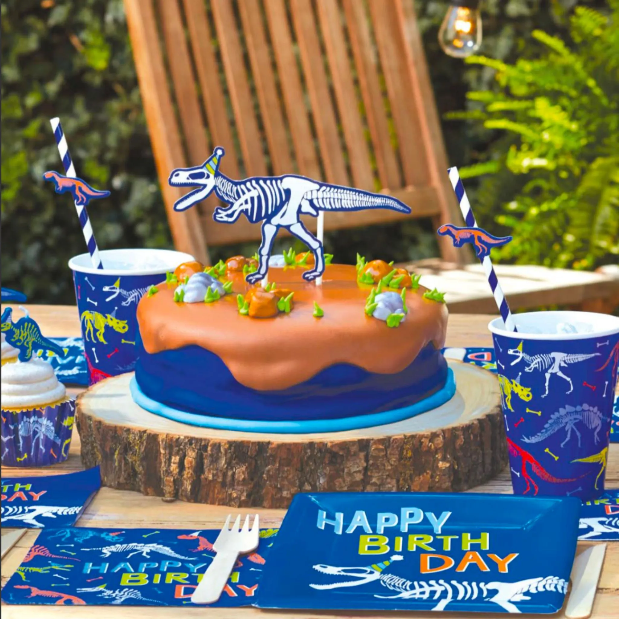 Dinosaur Blue Skeleton Dino-Mite Birthday Paper Party Hats | Package 8