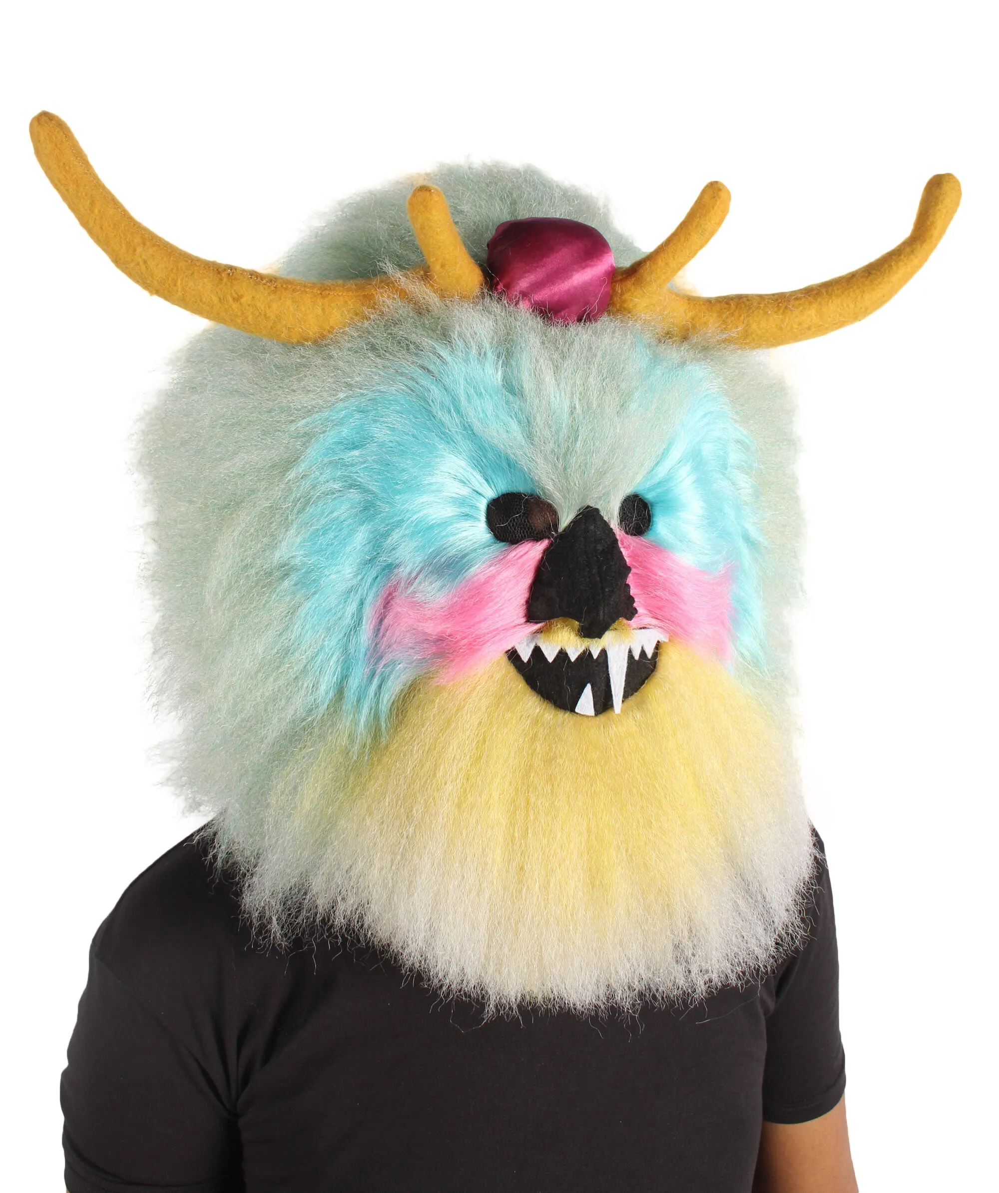 HPO Adult Unisex Multicolored Grumpy Furry Monster Mask with Fuzzy Horn| Perfect for Halloween| Flame-retardant Synthetic Fiber