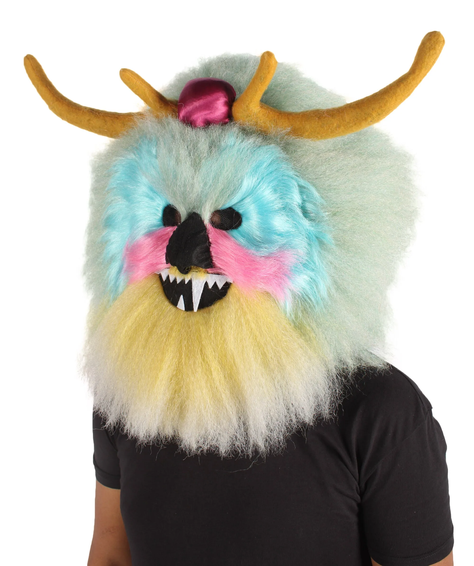 HPO Adult Unisex Multicolored Grumpy Furry Monster Mask with Fuzzy Horn| Perfect for Halloween| Flame-retardant Synthetic Fiber