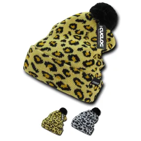 Leopard Print Kids Beanie, Pom Pom Youth Knit Hat, Cheetah Print Beanie, Atakora - Cuglog, Decky K040