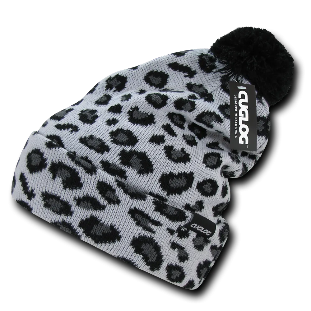 Leopard Print Kids Beanie, Pom Pom Youth Knit Hat, Cheetah Print Beanie, Atakora - Cuglog, Decky K040