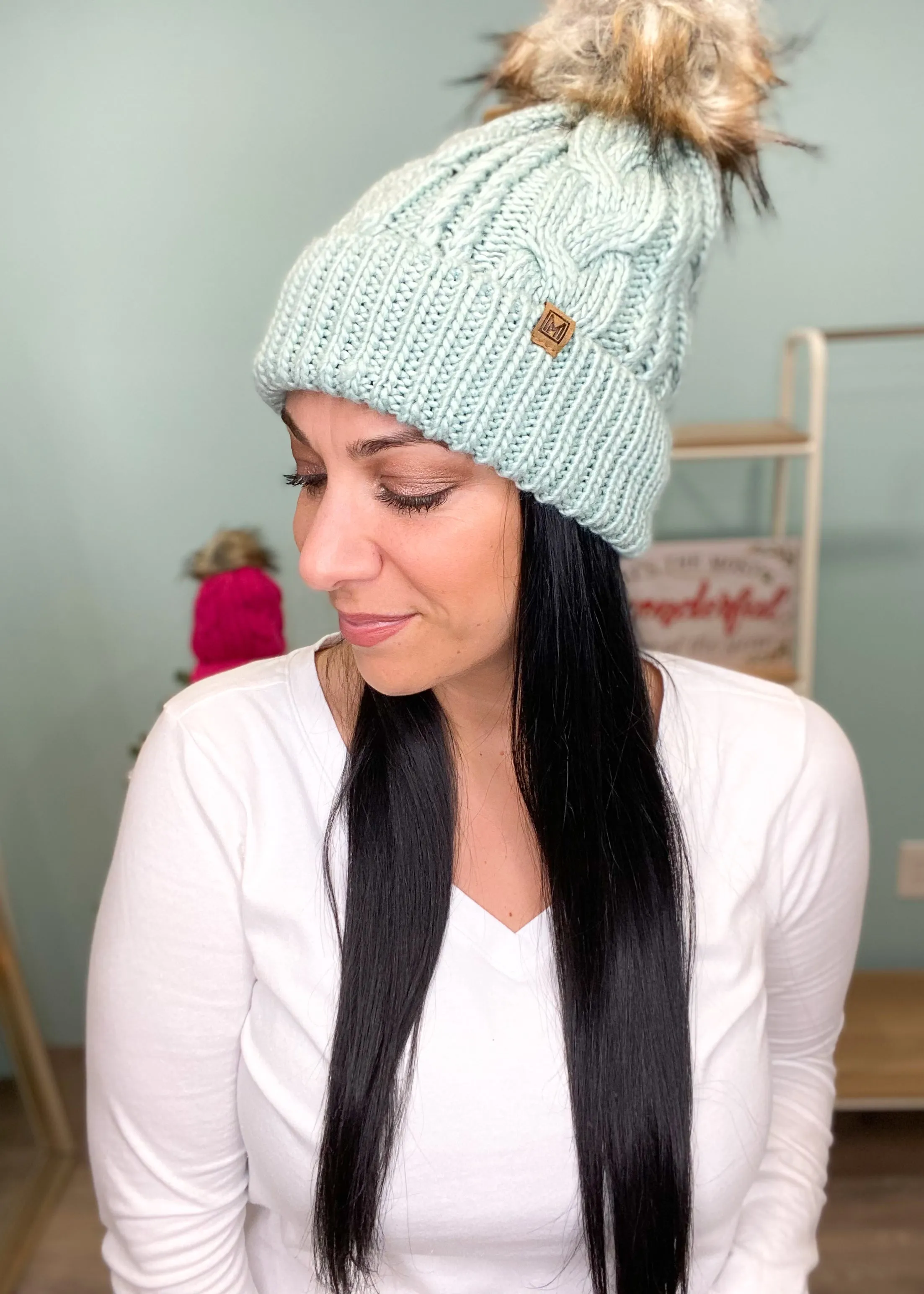 Mint Cable Knit Sherpa Lined Pom Pom Beanie