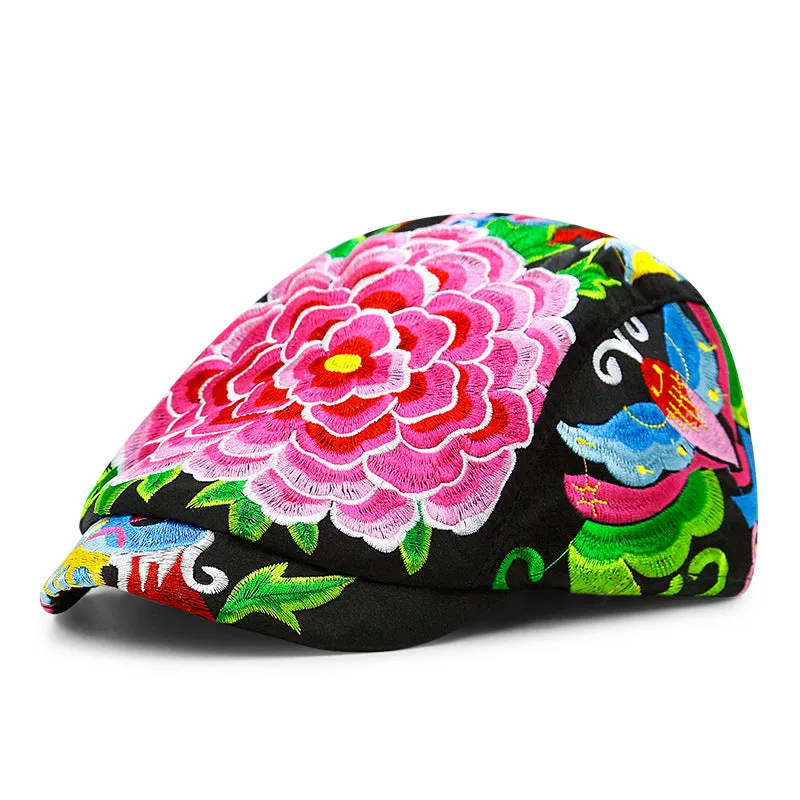 Peony Embroidery Unisex Oriental Beret Peaked Cap