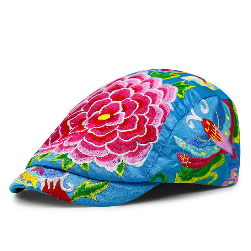 Peony Embroidery Unisex Oriental Beret Peaked Cap