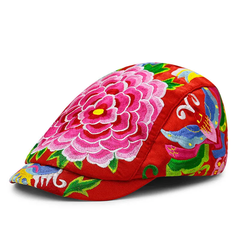 Peony Embroidery Unisex Oriental Beret Peaked Cap