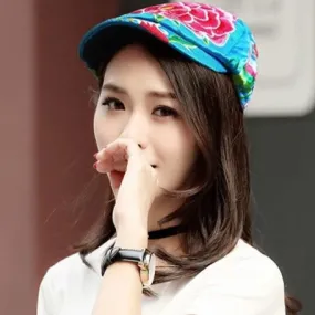 Peony Embroidery Unisex Oriental Beret Peaked Cap