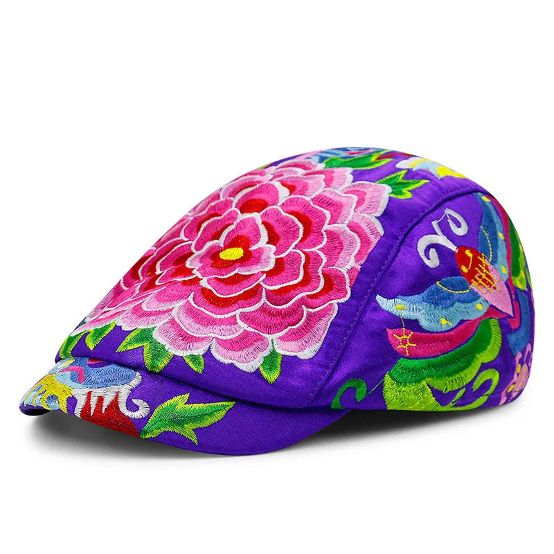 Peony Embroidery Unisex Oriental Beret Peaked Cap