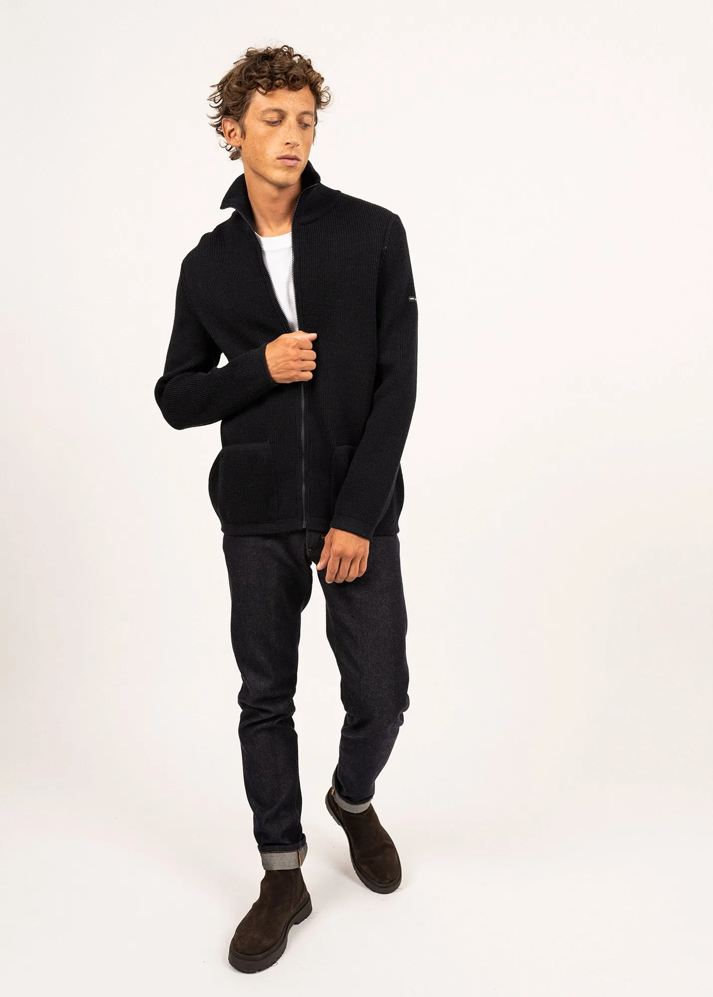 Quiberon zipped jacket - trucker-style neck, in wool (NAVY)