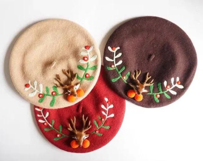 Reindeer Wool Berets Hat for Women and Kid