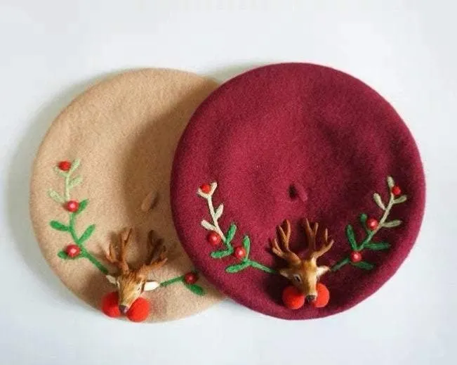 Reindeer Wool Berets Hat for Women and Kid