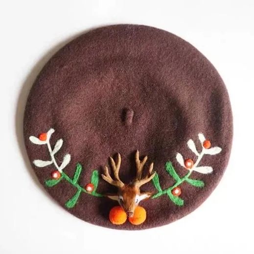 Reindeer Wool Berets Hat for Women and Kid