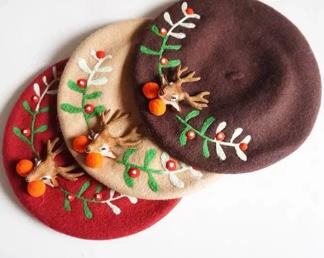 Reindeer Wool Berets Hat for Women and Kid