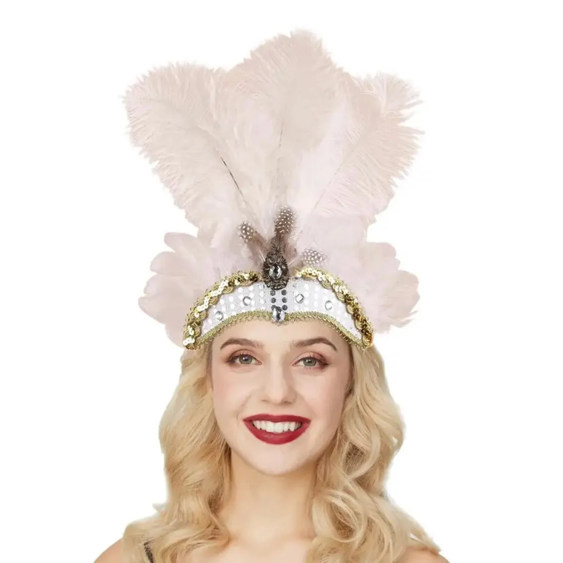 Rio Carnival Samba Sequin Ostrich Feather Showgirl Costume Headdress - White