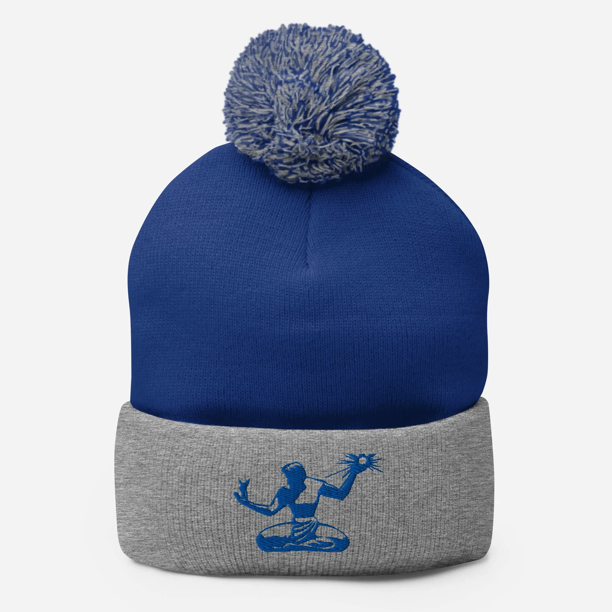 Spirit of Detroit Embroidered Pom-Pom Beanie - Blue /Gray